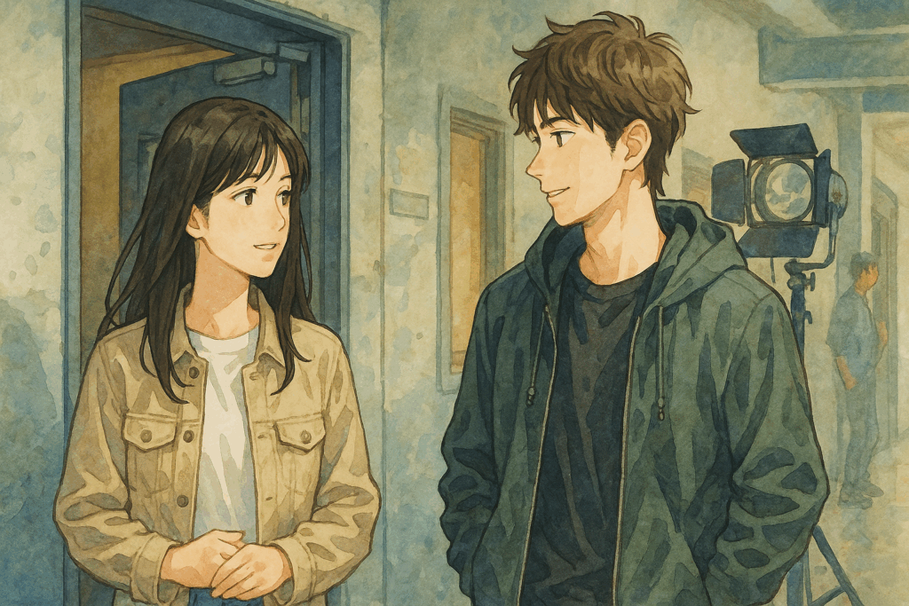 映画やドラマの控室前で、松本若菜に似た女性と俳優風の男性が談笑する自然な様子。水彩画タッチの日本アニメ調イラストで、ロケ現場らしい照明機材や背景が描かれている。カジュアルな服装で、カメラ目線ではなく横顔で会話しているシーン。