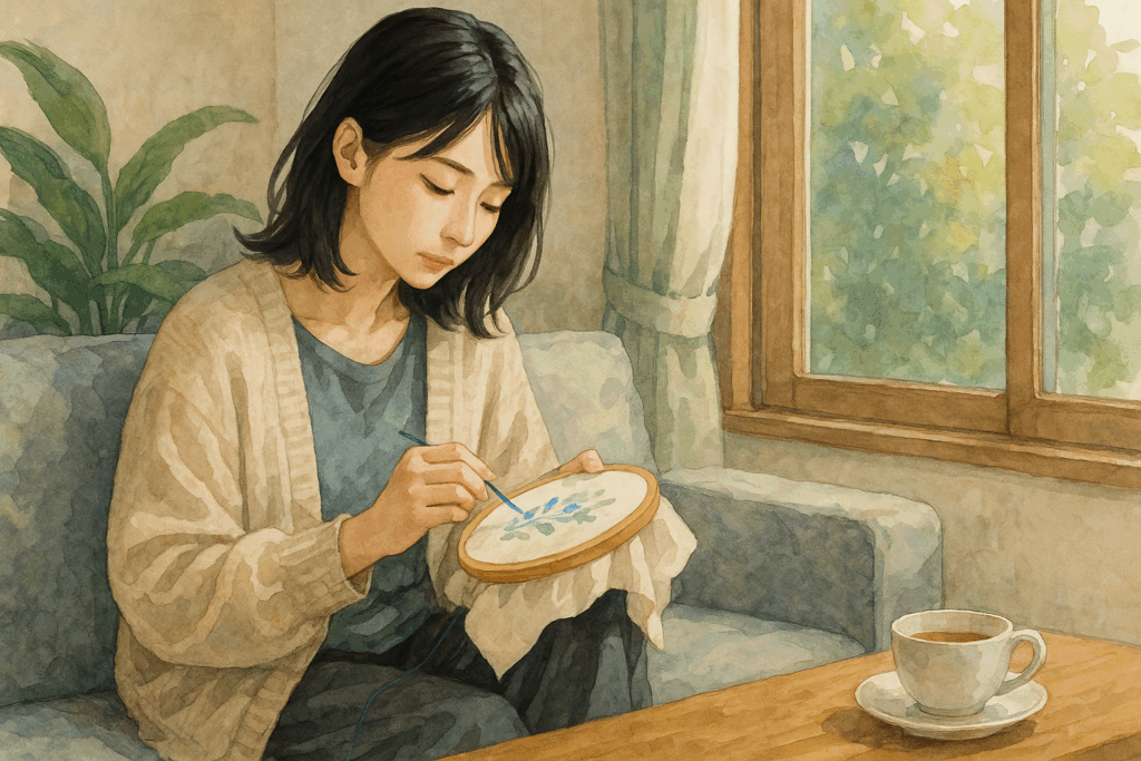 松本若菜に似た黒髪の女性が、カーディガン姿で窓辺のソファに座り刺繍をしている水彩画風アニメイラスト。自然光の中、リラックスした表情で穏やかな休日を過ごす様子が描かれている。カメラ目線ではなく、静かな日常の一場面。