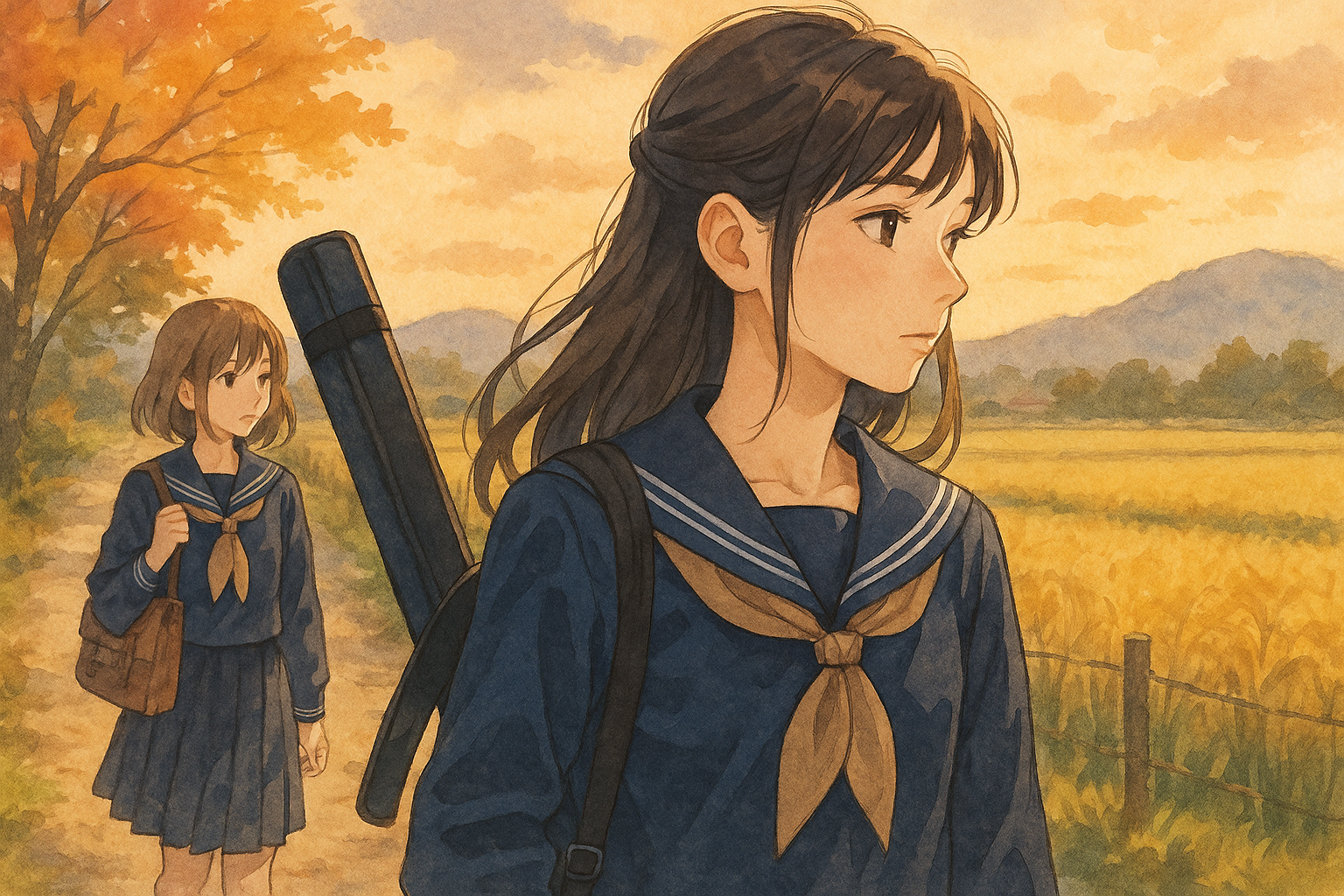 中学校の制服を着た松本若菜風の少女が、秋の田舎道を友人と並んで歩く様子を水彩画風に描いたアニメ調イラスト。フルートケースを背負い、米子市の自然豊かな風景の中で帰宅する日常の一場面。