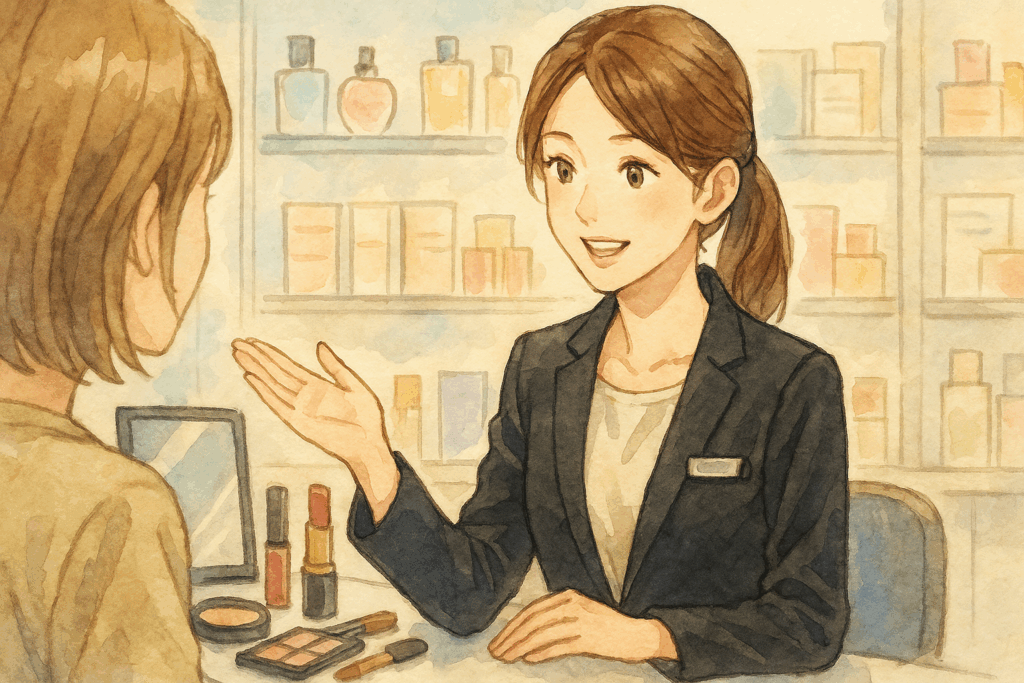 化粧品売り場のカウンターで、黒の制服姿の松本若菜風の女性が、笑顔で接客している様子を水彩画風で描いたアニメ調イラスト。自然な接客風景で、柔らかく温かい店内の雰囲気が伝わる。