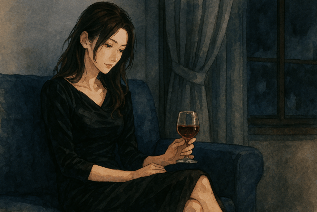 深夜の部屋で黒いワンピースを着た松本若菜風の女性が、ソファに腰かけ静かにグラスを見つめている水彩アニメ風イラスト。重厚なカーテンと暗い背景が、彼女の内面の葛藤と静けさを印象的に描いている。