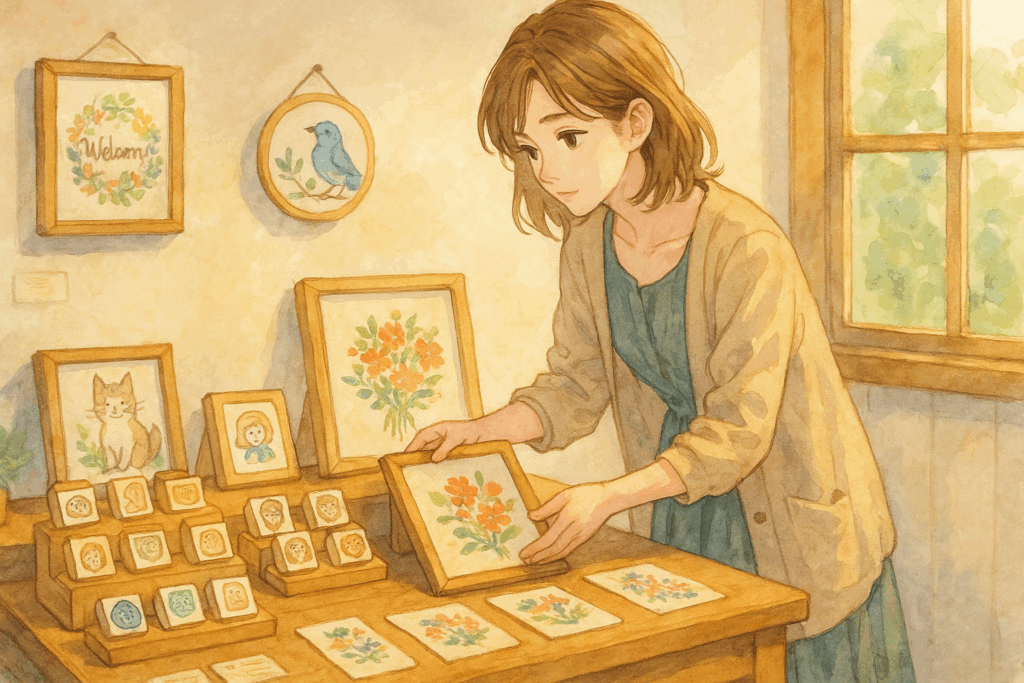 展示スペースで刺繍や消しゴムはんこの作品を丁寧に並べている松本若菜風の女性。柔らかな日差しが差し込む室内で、ナチュラルなロングワンピースにカーディガンをまとい、静かに作品を整えている様子が水彩画調のアニメスタイルで描かれている。