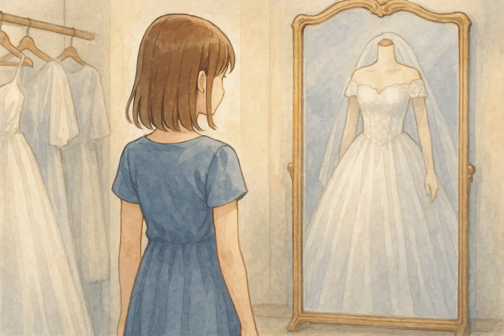 ブライダルショップの鏡の前でウェディングドレスを静かに見つめる若い女性の後ろ姿。淡いブルーのワンピースを着ており、鏡にはレースのベール付きドレスが映る。水彩風のアニメ調で、人生の節目を前にした静かな感情を切り取った構図。