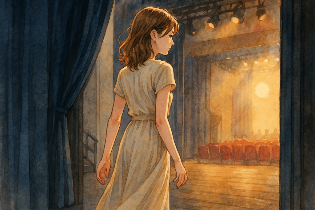 カナダの映画祭でステージ袖に立つ、茶髪でベージュのドレスを着た女性が観客席を見つめる後ろ姿。復帰直前の静かな瞬間を切り取った水彩画風のアニメ調イラスト。