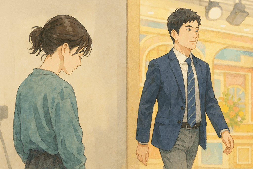 控室の隅でうつむく若い女性(永野芽郁)と、華やかなスタジオを歩くスーツ姿の中年男性(田中圭)を対比的に描いた水彩アニメ風のイラスト。沈黙と余裕、報道格差の象徴的な構図。