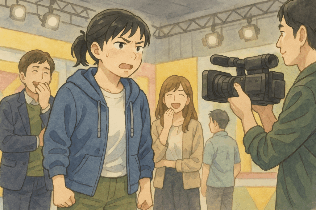 テレビスタジオのセット内で、青いパーカー姿の若手女性芸人が真剣な表情でカメラマンに向かって話している。周囲では笑っている観客や無関心なスタッフが映っており、本人だけが取り残されたような印象を与える構図。水彩画風の柔らかい日本アニメ調。